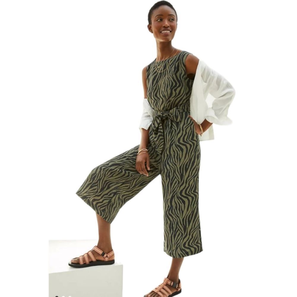 ANTHROPOLOGIE Corey Lynn Calter linen zebra print‎ wide leg jumpsuit L